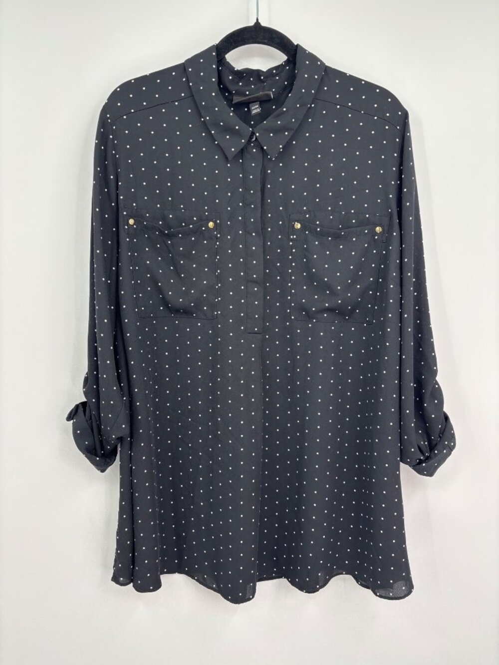 Lane Bryant Polka Dot Roll Tab Sleeve Blouse Top Black White 22/24